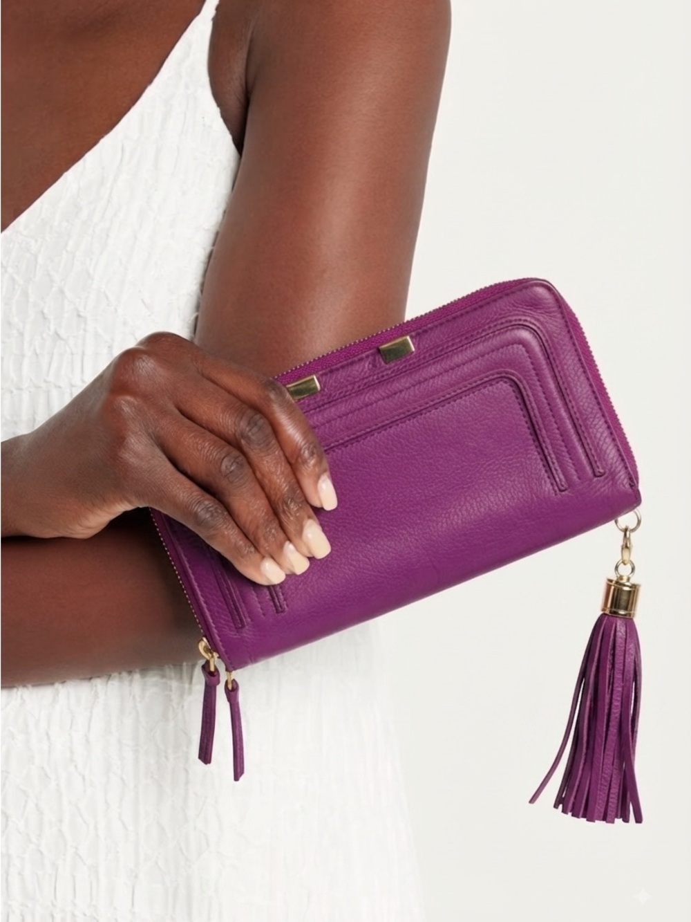 Vibrant Purple Danier Leather Long Wallet/Clutch with Fringe/Tassel